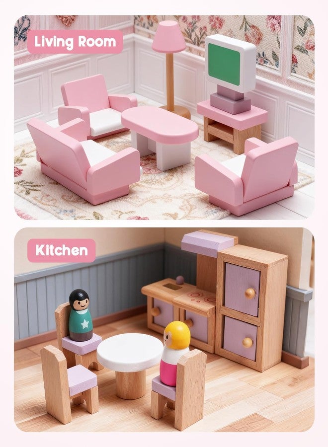 BIERUM Wooden Dollhouse Set, Dolls and Furniture Playset Pretend Play Dollhouse Accessories Set - Image 2